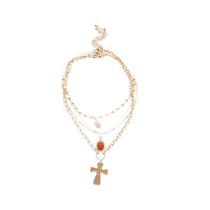 Bohemian gold layered necklace with cross pendant, crystal charm and teardrop pearl