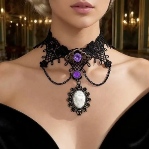 Gotische Schwarze Spitze Choker Halskette Mit Violetter Blume Und Cameo Anhänger Retro Viktorianisch Legierung Für Damen