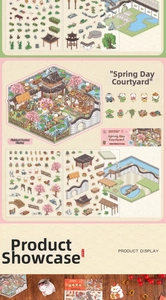 Detail of DIY 3D cat themed Chinese courtyard sticker set with miniature pavilion