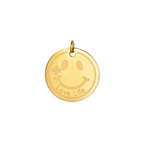 Close-up of golden hollow smiley face pendant with four-leaf clover and Love Life engraving