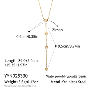 Detailed dimensions and weight of golden zircon heart pendant necklace in stainless steel