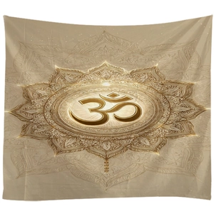 Detailed view of champagne gold mandala tapestry featuring central Om symbol pattern