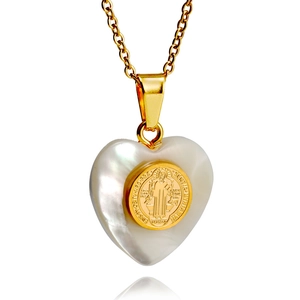 18K gold plated stainless steel heart necklace with mother of pearl and Saint Benedict medal