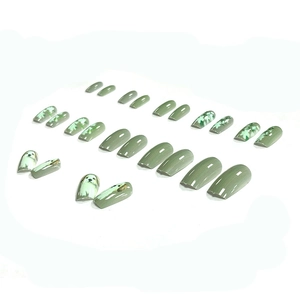 24pcs olive green cat-eye press-on nails with cute puppy and leaf patterns