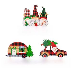 Three-piece set of wooden Christmas gnome tabletop ornaments with festive truck and camper