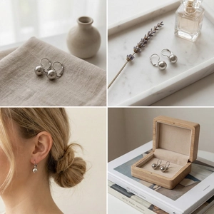 Close-up of silver steel ball leverback earrings showing polished mirror finish and design
