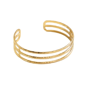 Minimalist gold titanium open cuff bracelet with triple-layered hammered texture detail