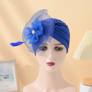 Women Turban Hat Pleated Headwrap With Mesh Flower Feather Artificial Pearl Retro Ethnic Elegant Headpiece For Formal Party Banquet