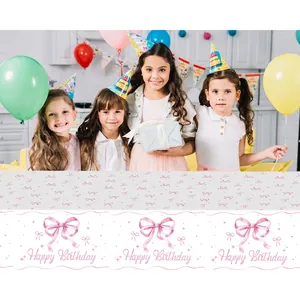 Pink ribbon bow disposable birthday tablecloth for girls party with Happy Birthday text