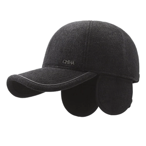 Men's black wool winter baseball cap with ear protection and CHINA metal logo