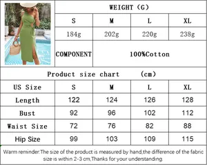 Size guide for the one-shoulder cotton dress showing S to XL weight and dimensions