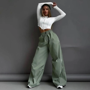 Pantaloni Cargo Vita Alta Donna Poliestere Spandex Coulisse Tasche Largo Dritto Streetwear Retro Paracadute