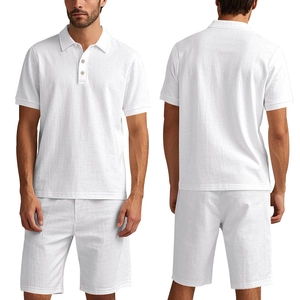 Front and back view of men's white linen polo shirt and shorts set with breathable texture