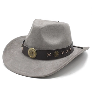 Detail of grey suede cowboy hat with leather band, metallic floral accents and hand stitching
