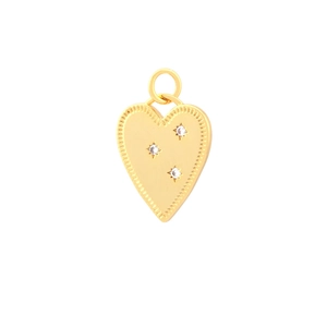 Detail of a gold-plated heart pendant with three sparkling white zircons and hollow lines
