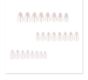 Detail shot of 24 pieces long almond French white glossy press-on nails set on white background