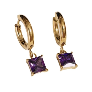 Elegant 18k gold plated titanium earrings with square purple zircon pendant and secure clasp