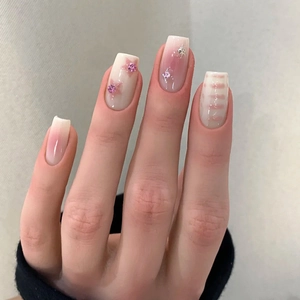 Handmade Press On Nails Pink White Gradient Rhinestone Star Long Coffin Shape False Nails