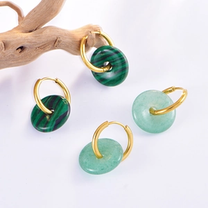 Stainless Steel Hoop Earrings With Detachable Round Natural Stone Malachite Aventurine Pendants Vintage Style For Women