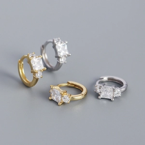 Huggie Hoop Earrings With Square Zirconia 925 Sterling Silver Earring Post Geometric Princess Cut Minimalist For Women