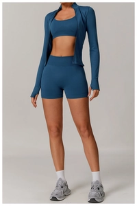 Détail du short de yoga sans couture taille haute en bleu canard pour les activités sportives