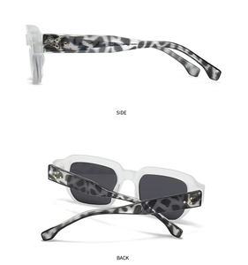 Side and back view of square matte white sunglasses with tortoiseshell temples