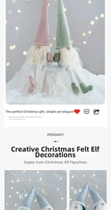 Detail of handmade Christmas gnome ornaments with long hats and white fuzzy beards