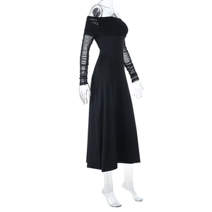 Detailed view of sheer mesh long sleeves and off-the-shoulder neckline on a black dress