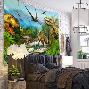 Detailed dinosaur tapestry with T-Rex and forest scenery as bedroom wall hanging