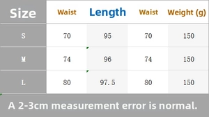 Detailed size chart for casual midi skirt with waist, length, and weight specifications