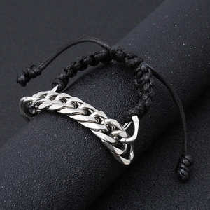 Industrial stainless steel Cuban chain and black braided rope adjustable bracelet