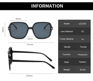 Size guide for square sunglasses with 60mm lens width and 151mm total frame width