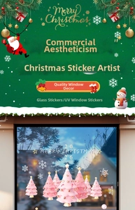 Detailed UV window stickers showing pink Christmas trees with gold stars and white snowflakes