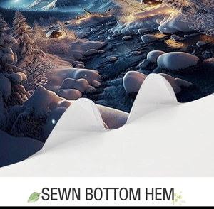 Detail view of high quality sewn bottom hem on a Christmas snow scene fabric shower curtain