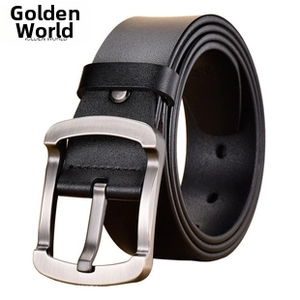 Macro view of men's black leather belt featuring a brushed metal pin buckle and textured finish