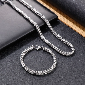 Hip hop silver square keel link necklace and bracelet set for men in stainless steel