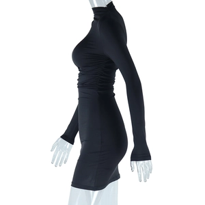 Detail of black slim fit dress featuring side ruched waist and high collar design