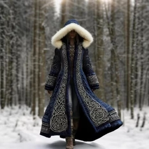 Medieval Hooded Long Coat Embroidery Celtic Viking Vintage Ethnic Style Winter Warm Fantasy Outerwear