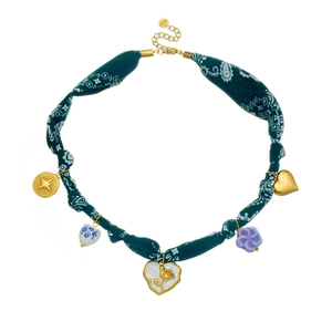 Green paisley fabric necklace with gold heart pendants and stainless steel clasp