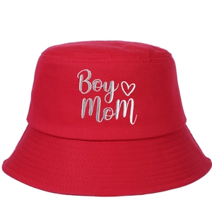 Red cotton bucket hat with white Boy Mom embroidery and heart on white background