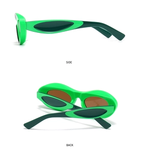 Detailed side and back view of modern green frame sunglasses with brown lenses