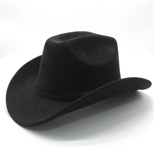 Vintage black suede western cowboy hat with woven band on a minimalist background