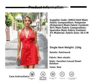 Tableau des tailles et infos tissu pour la robe courte rouge dos nu à col en V
