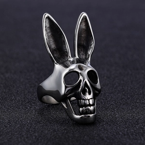 Close-up of a Gothic rabbit skull ring with vintage silver finish and long ears detail