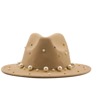 Elegant khaki wide brim wool jazz hat for women featuring pearls and metallic bead accents