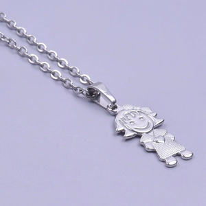 Detailed macro view of a silver stainless steel little girl pendant with grid texture