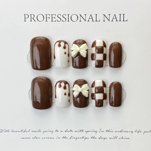 Press-on Nails Handmade Glossy Chocolate Brown White Checkerboard Pattern Three-Dimensional Bow Sweet Fashionable For Women