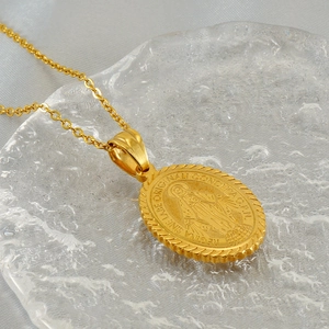 Virgin Mary Pendant Necklace 18K Gold Plated Stainless Steel Religious Miraculous Medal Oval Relief Jewelry For Women