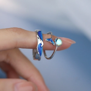 S925 sterling silver whale and ocean wave couple rings with blue enamel and moonstone decor