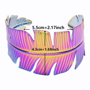 Iridescent leaf cuff bracelet detail showing rainbow plating and vein texture dimensions